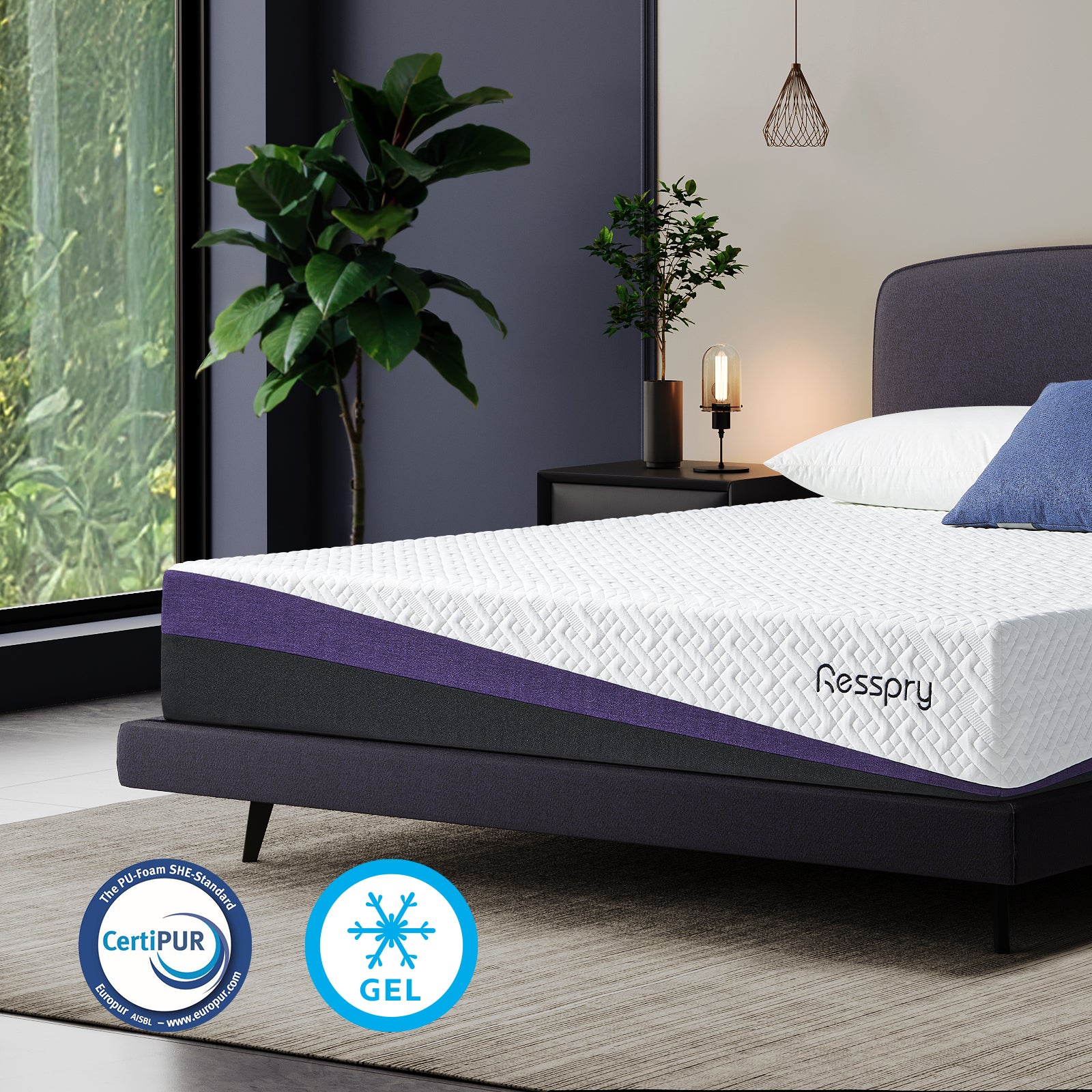 Resspry mattress with CertiPUR and GEL logos in a bedroom setting. Our hybrid mattress queen size is engineered for couples seeking motion isolation and comfort.
