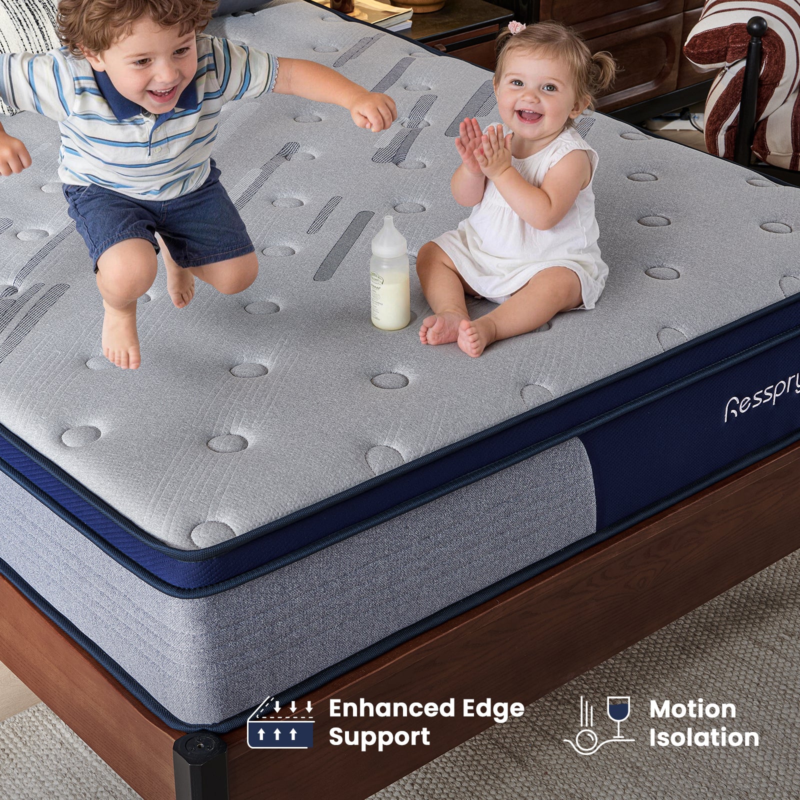 Two children playing on a mattress with Respring branding, highlighting features like 'Enhanced Edge Support' and 'Motion Isolation'.