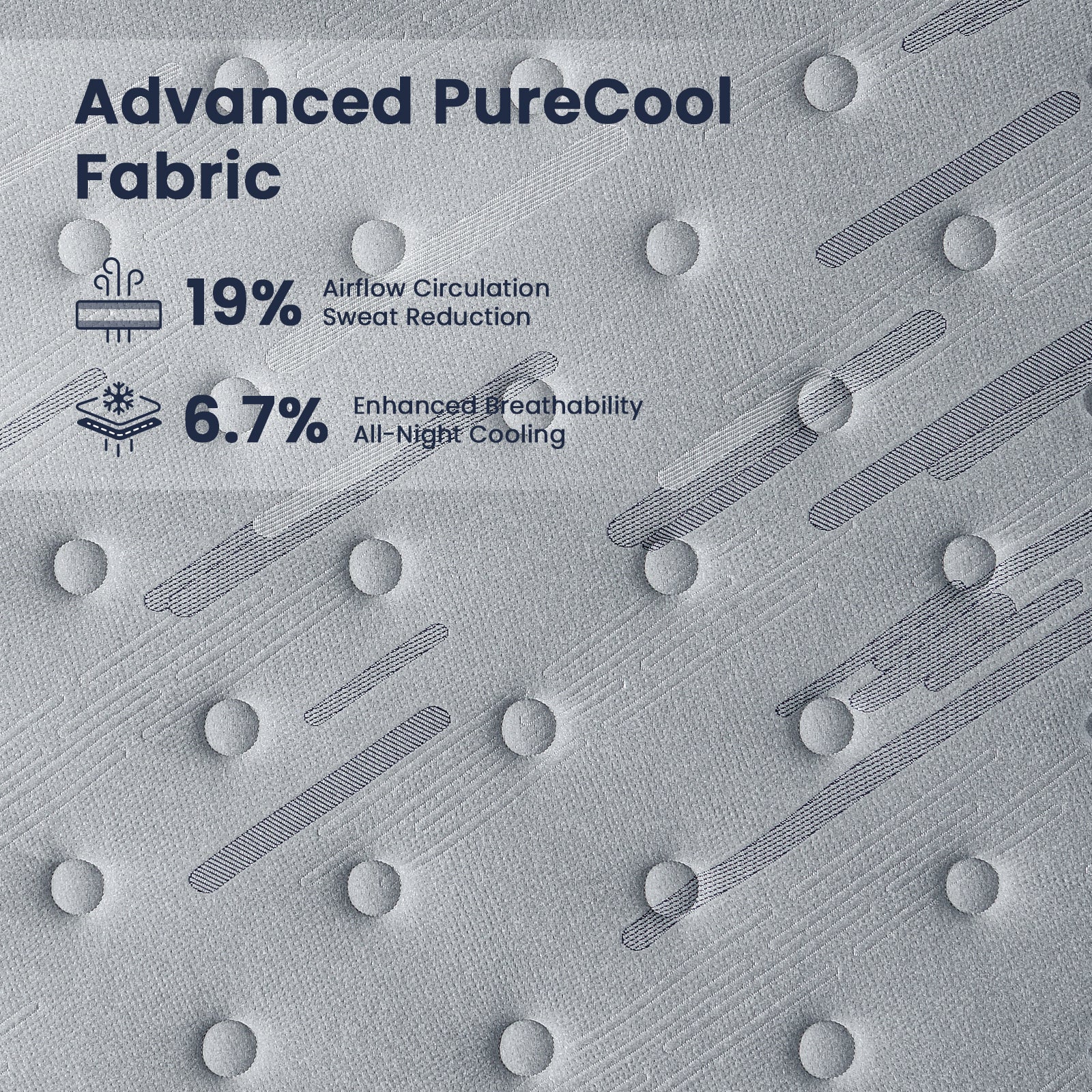 Textured fabric surface with 'Advanced PureCool Fabric' features and statistics.