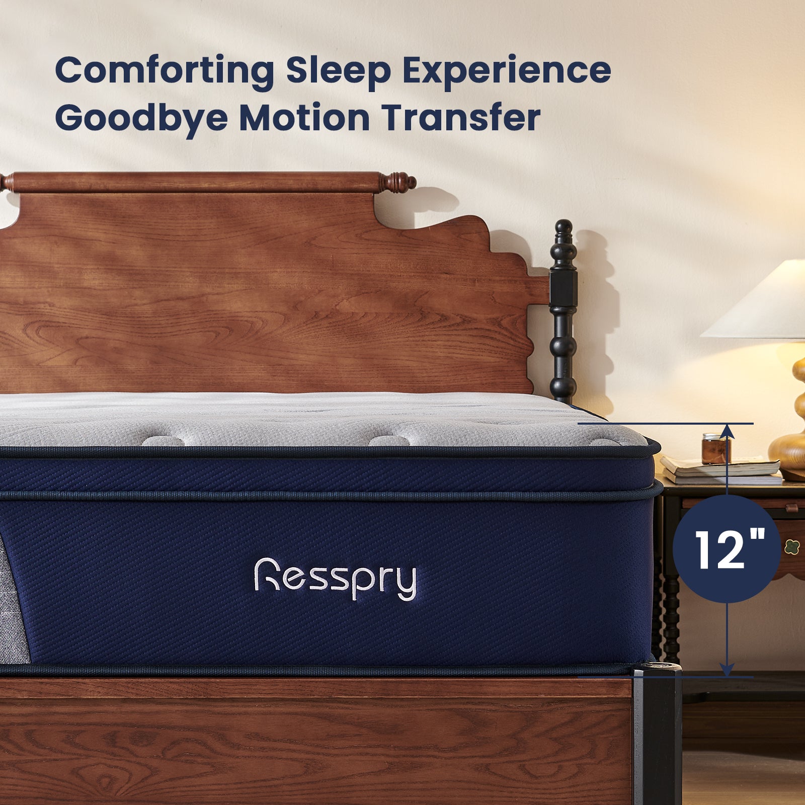 Resspry mattress with wooden headboard and nightstand in a bedroom setting