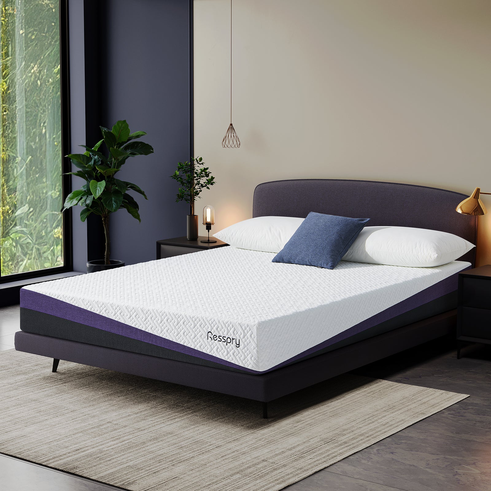 Bed with a mattress labeled 'Nesstory' in a bedroom setting. The mattress in a box design ensures convenient delivery and easy setup in minutes.