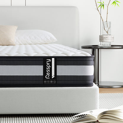 A hybrid mattress by Resspry displayed on a bed frame, featuring a white and gray color scheme with the brand name visible on the mattress.