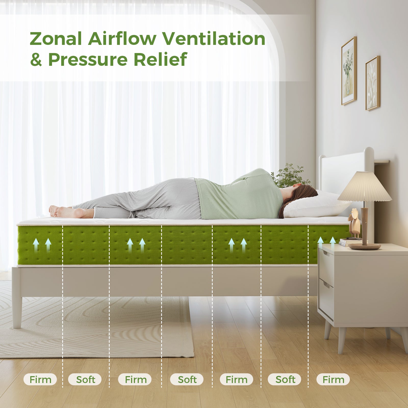 Stylish green and white minimalist mattress matches various home interior styles. Built with eco raw materials, safe and non-irritating. Even force support reduces tossing disturbance, comfortable enough for couples to share sweet sleep time.
