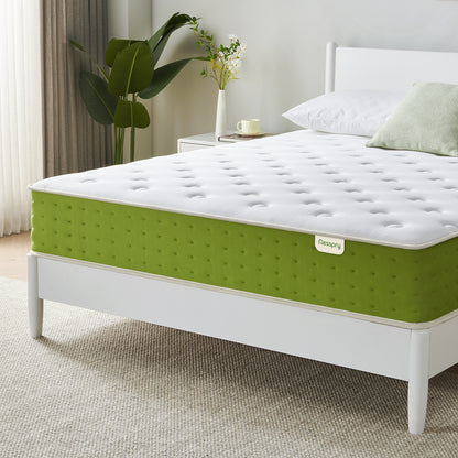 A medium-firm green-and-white mattress with clean lines and a fresh, airy vibe—perfect for minimalist interiors and green-themed bedrooms. Minimalist Aesthetic, Eco-Friendly Craftsmanship, All-Season Comfort, Medium-Firm Feel. Perfect for Green & Minimalist Rooms, Compressed & Shipped in a Box.