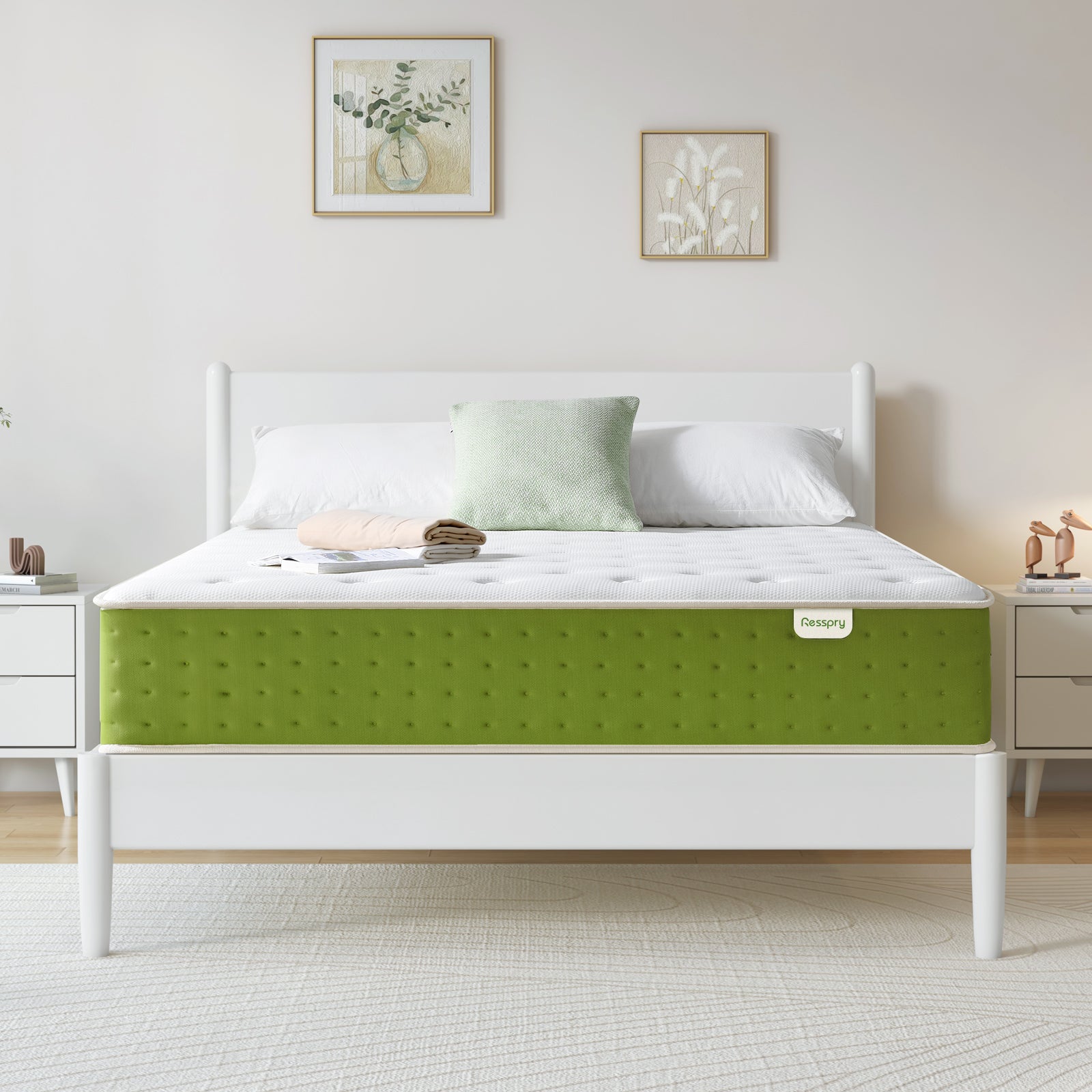 Resspry Green and White Comfort Mattress, medium firm all season supportive mattress, vacuum compressed boxed mattress with free shipping. Eco-friendly minimalist design perfectly matches modern bedroom decor, breathable cool sleeping mattress ideal for couples. High cost-effective cheap mattress under 1000, easy to unbox and portable for home use, durable comfortable sleep mattress for daily rest.