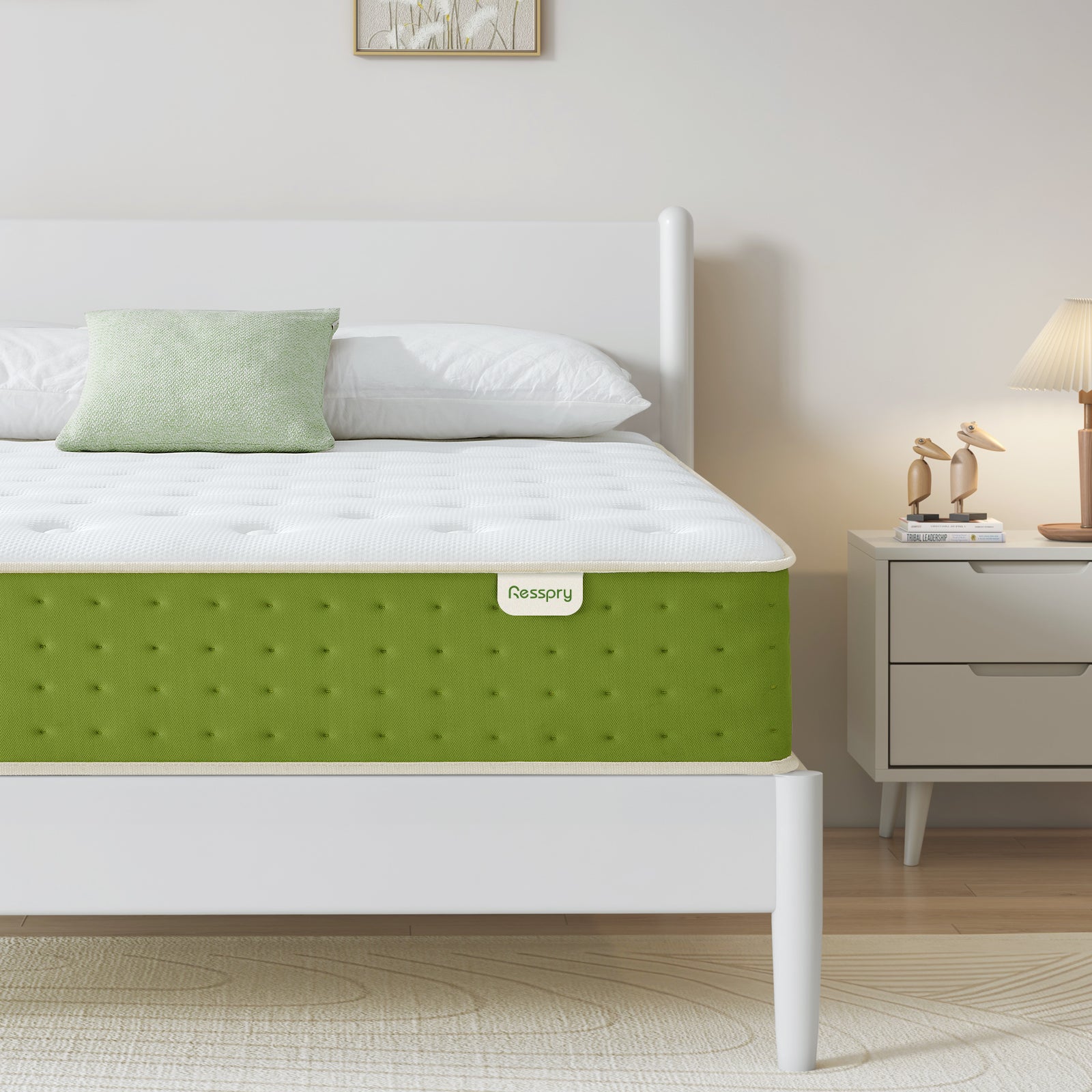 A green mattress on a white bed frame, with a white pillow on top of the mattress. The room has light-colored walls and a wooden floor, with a nightstand and a lamp to the right of the bed.
