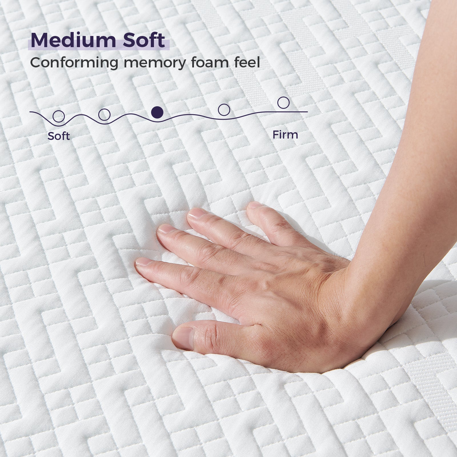 Hand on a mattress with text indicating medium soft conforming memory foam feel. Choosing a mattress with trial allows you to test real comfort in your own home.