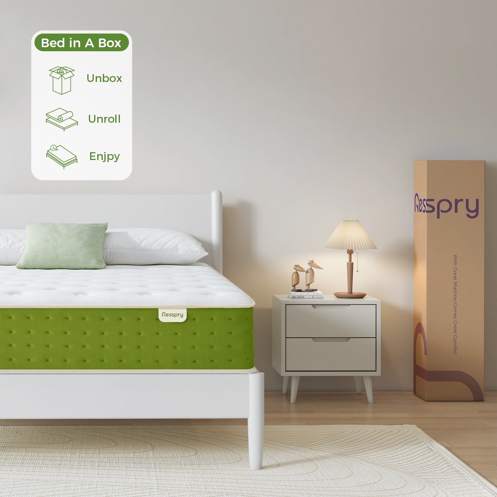 Mattress compressed in box, easy to transport with free shipping. Large size in compact package, effortless to unbox.