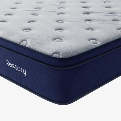Close-up of a mattress with 'Resspry' branding on a white background