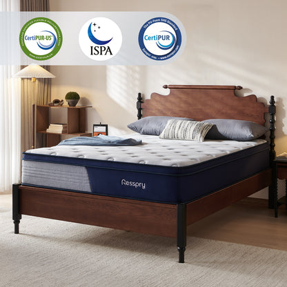 Resspray mattress on a wooden bed frame with certification logos in a bedroom setting.