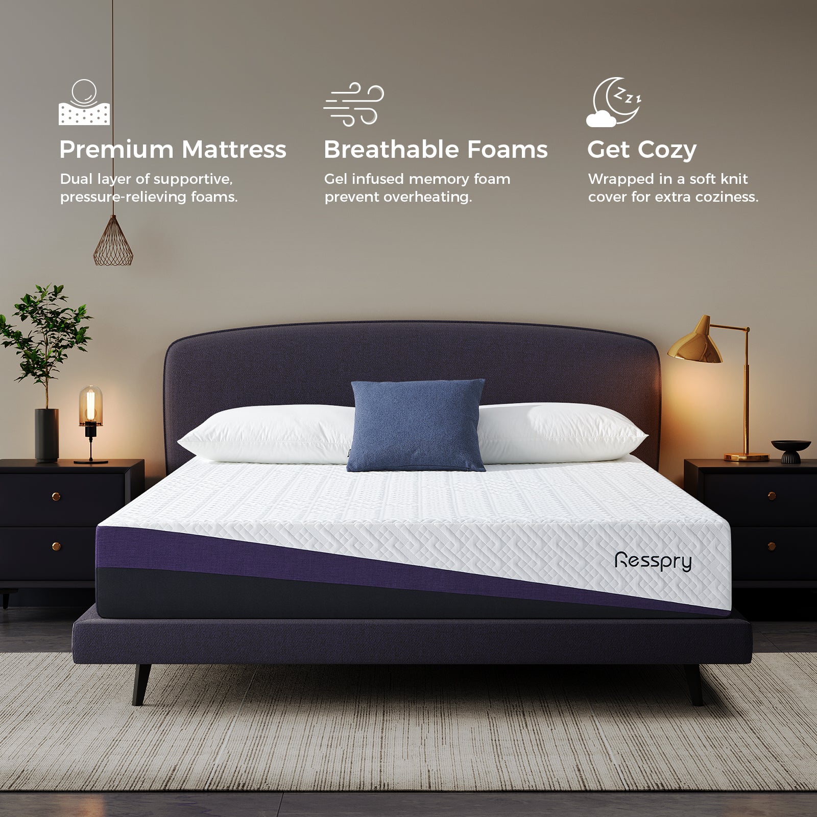 Resspy mattress with features highlighted on a neutral background. This mattress for back pain promotes proper spinal alignment and reduces pressure points.