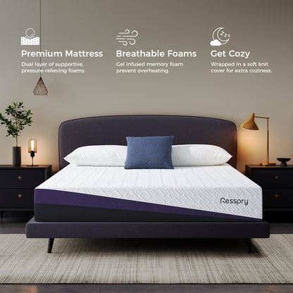 Resspy mattress with features highlighted on a neutral background. This mattress for back pain promotes proper spinal alignment and reduces pressure points.